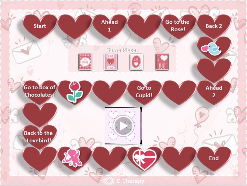 valentine's themed green screen game board for teletherapy