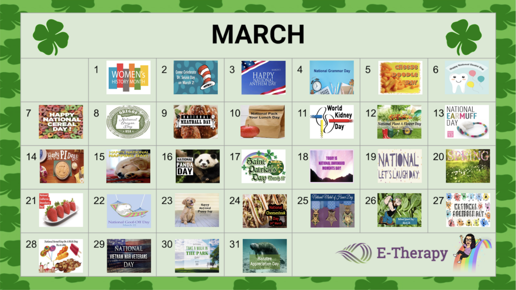 March 2021 calendar with online celebration days