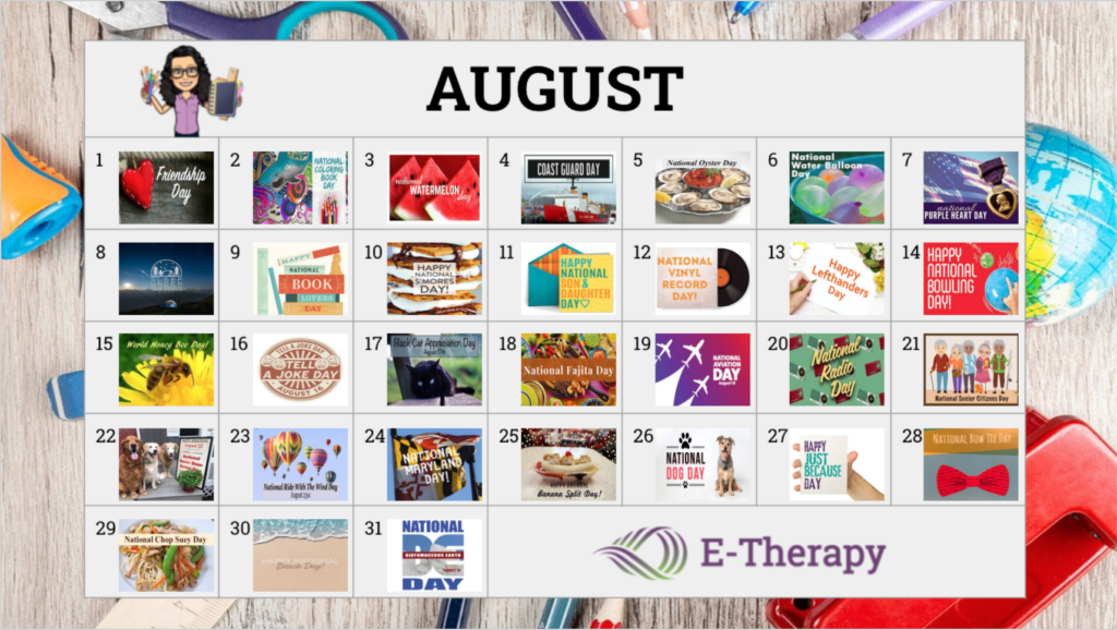 August Bitmoji Teletherapy Activity Calendar